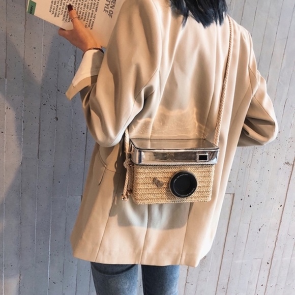 New Camera Woven Linen Straw Basket Shoulder Bag - Picture 4 of 8